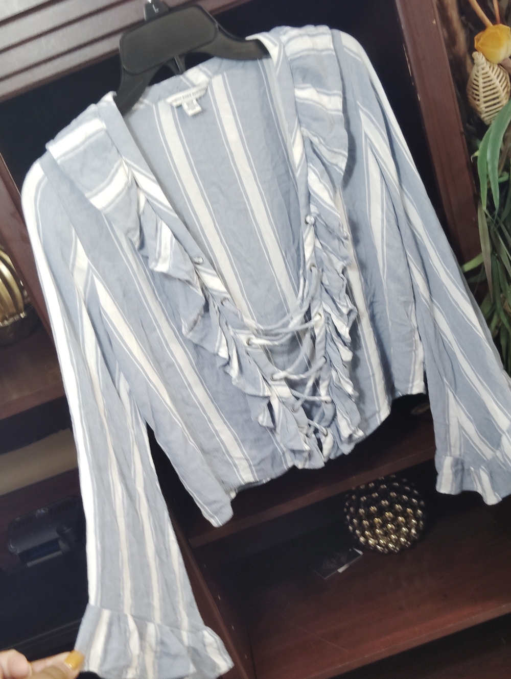 American Eagle Outfitters Blue and White Striped Lace-Up Ruffle Crop Top